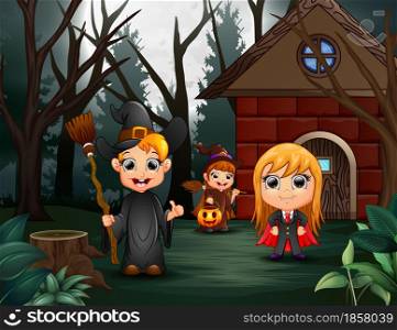 Happy Halloween party with group of children in different costume