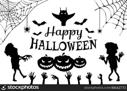 Happy halloween poster with title and owl above, images of zombies, hands and spiders hanging on cobweb, flying bats on vector illustration. Happy Halloween with Title on Vector Illustration