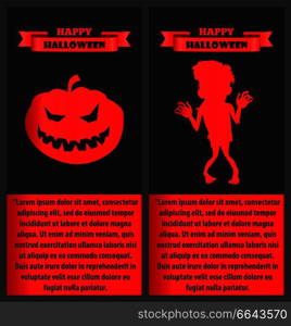 Happy Halloween postesr with silhouette of zombie monster and scary pumpkin vector illustration. Horror undead person with text in red black colors. Happy Halloween Poster with Zombie and Pumpkin Set