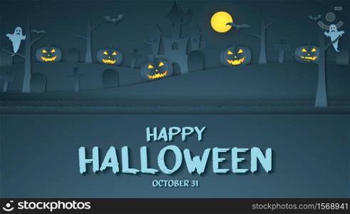 Happy Halloween, pumpkin head, castle, graveyard, bat, ghost and bright moon with text, paper art style