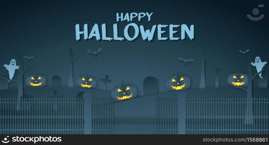 Happy Halloween, pumpkin head, graveyard, bat and ghost with text, paper art style