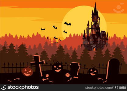 Happy Halloween pumpkin in the cemetery, black abandoned castle, gloomy autumn forest, panorama, sunset, crosses and tombstones.. Happy Halloween pumpkin in the cemetery, black abandoned castle, gloomy autumn forest, panorama, sunset, crosses and tombstones. Vector, isolated, holiday greeting card, poster, banner, cartoon style