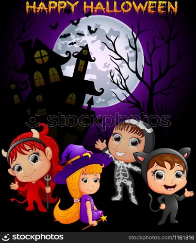Happy Halloween purple background with children in Halloween costume