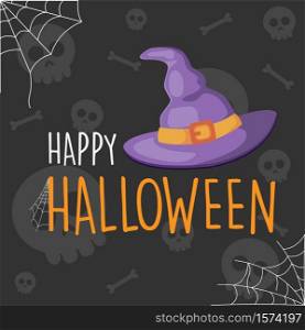 Happy Halloween purple witch hat cartoon background, vector illustration