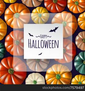 Happy halloween realistic seamless pattern with colorful pumpkins and text field vector illustration