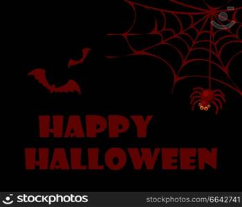 Happy Halloween red and black image representing title sample, flying bats and spider that is hanging on its cobweb vector illustration. Happy Halloween Red and Black Vector Illustration