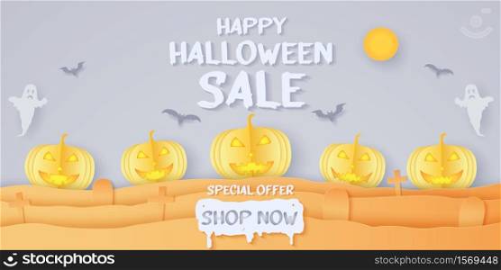 Happy Halloween Sale, special offer, pumpkin head, graveyard, ghost with message, paper art style