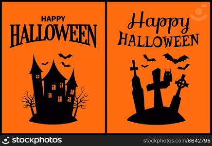 Happy Halloween scary congratulation poster on light orange background. Vector illustration with huge forsaken castle and dark cemetery. Happy Halloween Scary Congratulation Poster