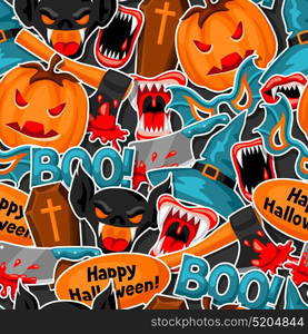 Happy Halloween seamless pattern with cartoon holiday sticker symbols. Happy Halloween seamless pattern with cartoon holiday sticker symbols.