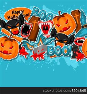 Happy Halloween seamless pattern with cartoon holiday sticker symbols. Happy Halloween seamless pattern with cartoon holiday sticker symbols.