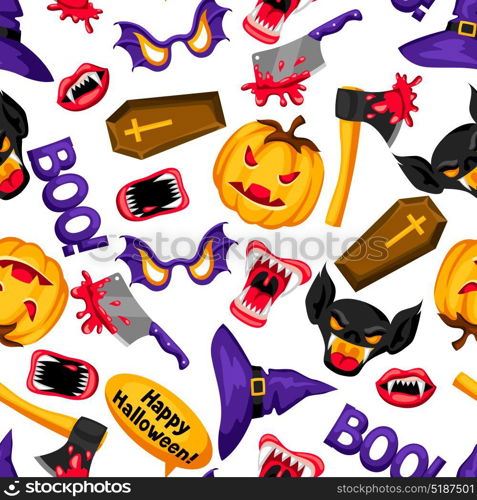 Happy Halloween seamless pattern with cartoon holiday symbols. Happy Halloween seamless pattern with cartoon holiday symbols.