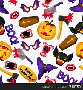Happy Halloween seamless pattern with cartoon holiday symbols. Happy Halloween seamless pattern with cartoon holiday symbols.