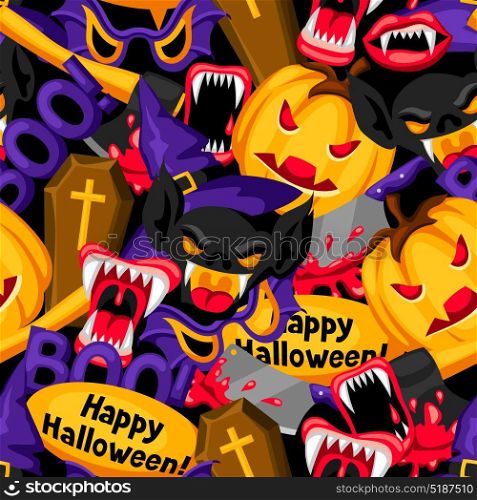 Happy Halloween seamless pattern with cartoon holiday symbols. Happy Halloween seamless pattern with cartoon holiday symbols.