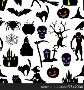 Happy Halloween seamless pattern with celebration items. Background for holiday and party.. Happy Halloween seamless pattern with celebration items.