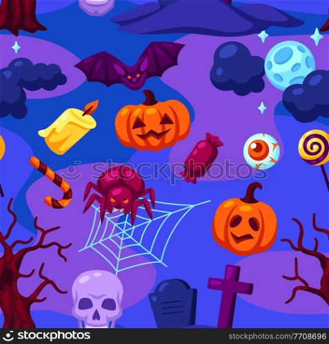 Happy Halloween seamless pattern with celebration items. Background for holiday and party.. Happy Halloween seamless pattern with celebration items. Background for party.