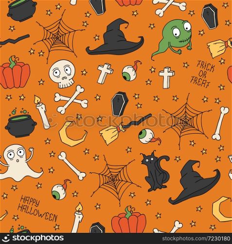 Happy Halloween. Seamless pattern with pumpkins, skulls. . Happy Halloween. Seamless pattern with pumpkins, skulls, cats, spider&rsquo;s web, ghosts, monsters, witch hat. Trick or treat. Vector illustration. Background.