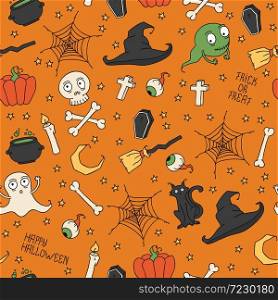 Happy Halloween. Seamless pattern with pumpkins, skulls. . Happy Halloween. Seamless pattern with pumpkins, skulls, cats, spider&rsquo;s web, ghosts, monsters, witch hat. Trick or treat. Vector illustration. Background.