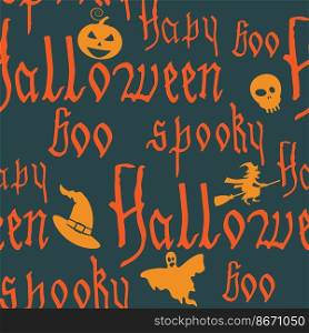 Happy Halloween seamless pattern with text, pumpkin, ghost, witcher. Hand drawn gothic letter, silhouette. Vector repeat background decoration, wallpaper, fabric, illustration. Happy Halloween seamless pattern with text, pumpkin, ghost, witcher. Hand drawn gothic letter, silhouette