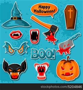 Happy Halloween set of cartoon holiday sticker symbols. Happy Halloween set of cartoon holiday sticker symbols.