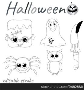 Happy Halloween. Set of ghost, owl, spider and severed finger. Halloween coloring page. Black and white outline fantasy cartoons for coloring book.