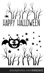 Happy Halloween. Set of Halloween elements with lettering, spider, trees and bat. Black and white vector illustration.