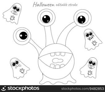 Happy Halloween. Set of monster and ghosts. Halloween coloring page. Black and white outline fantasy cartoons for coloring book.