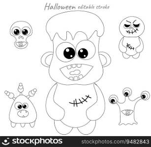 Happy Halloween. Set of voodoo doll, monsters and skull.  Halloween coloring page. Black and white outline fantasy cartoons for coloring book.