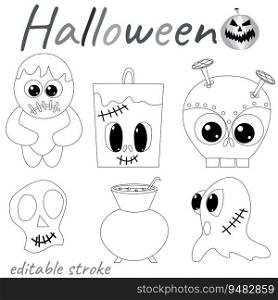 Happy Halloween. Set of voodoo doll, skull, ghost and pot. Halloween coloring page. Black and white outline fantasy cartoons for coloring book.