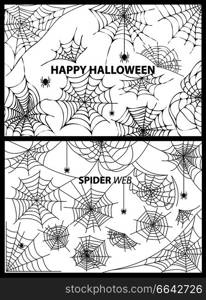 Happy Halloween spider web, set of posters with lots of cobwebs that are traditional decorative elements vector illustration isolated on white. Happy Halloween Spider Web Vector Illustration