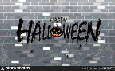 Happy Halloween Text Banner, black silhouette, and spider web on a brick wall background. illustration For web backgrounds, design elements, logos, badges, labels, for the happy Halloween concept.