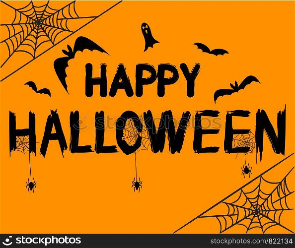 Happy Halloween Text Banner with Spider, Ghost, Web and Bat, Stock Vector Illustration