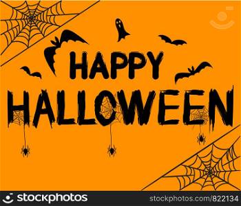 Happy Halloween Text Banner with Spider, Ghost, Web and Bat, Stock Vector Illustration