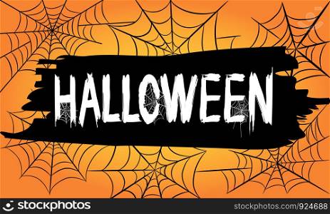 Happy Halloween Text Banner with Spider, Web and Bat, Stock Vector Illustration