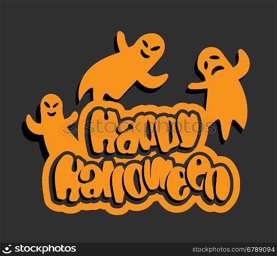 Happy Halloween text with flying ghosts halloween background template vector illustration