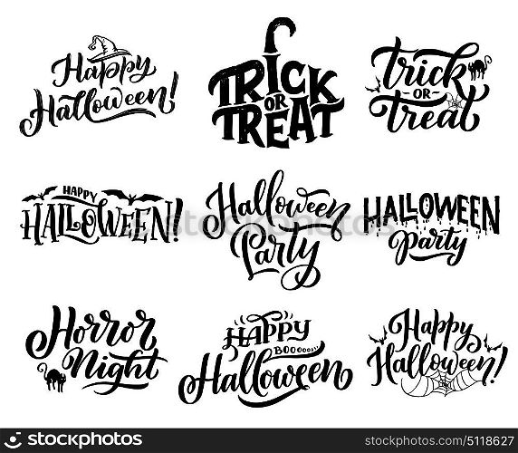 Happy Halloween trick or treat lettering for october holiday greeting cards design. Horror night party invitations with hand drawn calligraphy, decorated by bat, spider, black cat and witch hat. Halloween icons with greeting wishes lettering