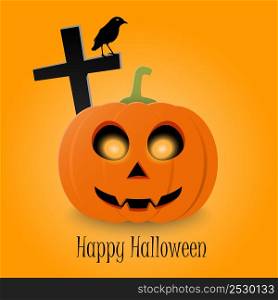 Happy Halloween typographic text and orange realistic pumpkin on vector background. Halloween party flyer design