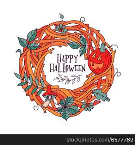 Happy Halloween. Vector greeting card. Autumn wreath of branches, leaves, mushrooms and pumpkins. Vector illustration.
