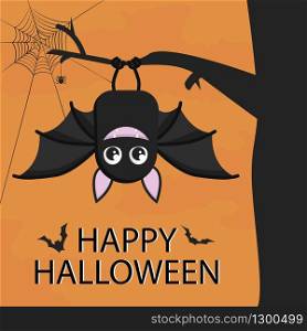 Happy Halloween Vector. Greeting card. Bat hanging on tree. Cute cartoon baby character with big open wing, mouth, ears. Black silhouette. Forest animal. Flat design. Orange background. Isolated.. Happy Halloween Vector. Greeting card. Bat hanging on tree. Cute cartoon baby character with big open wing, mouth, ears.