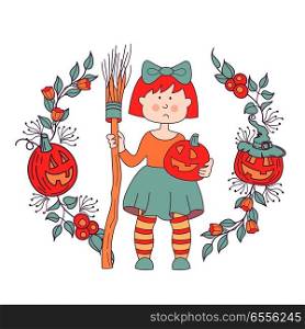 Happy Halloween. Vector illustration, invitation. A girl in a witch costume with a broom and a pumpkin in her hand. The postcard is framed by wreaths of flowers, branches and orange pumpkins.