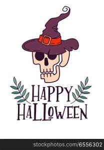 Happy Halloween. Vector illustration, invitation. A human skull in a hat for Halloween.