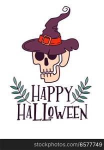 Happy Halloween. Vector illustration, invitation. A human skull in a hat for Halloween.