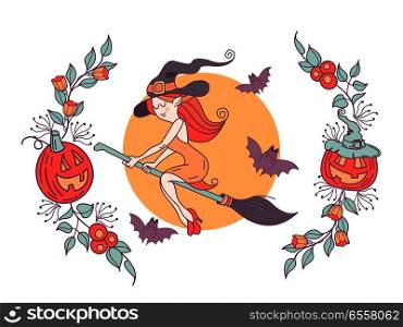 Happy Halloween. Vector illustration, invitation. A witch in a hat flies on a broom against the moon. Around fly bats. Wreaths of cheerful orange pumpkins, flowers, leaves and berries.