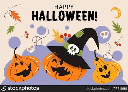 Happy Halloween. Vector illustration, invitation, template. Funny and scary pumpkins.. Happy Halloween vector poster, banner, invitation with orange scary and funny pumpkins.