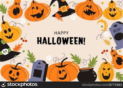 Happy Halloween. Vector illustration, invitation, template. Funny and scary pumpkins, witch hats and tombstones.. Happy Halloween vector poster, banner, invitation with orange scary and funny pumpkins.