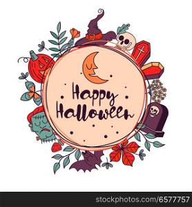Happy Halloween. Vector illustration. The invitation to the party. A wreath of autumn leaves, gravestones, Frankenstein&rsquo;s head, scary pumpkins, Ghost, skull and hat.