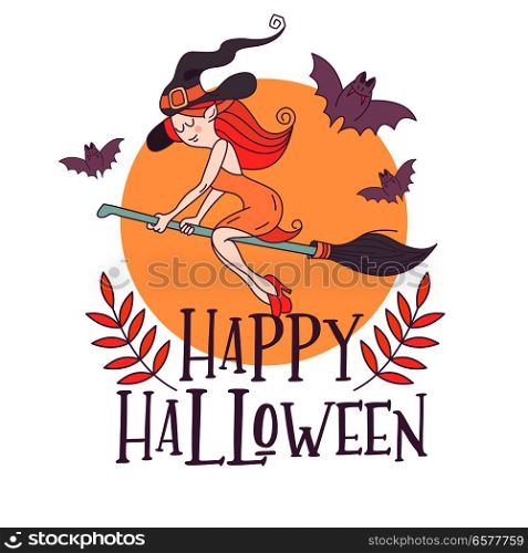 Happy Halloween. Vector illustration. The invitation to the party. On a background of yellow moon witch with hat flying on a broomstick. Around fly bats.