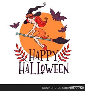 Happy Halloween. Vector illustration. The invitation to the party. On a background of yellow moon witch with hat flying on a broomstick. Around fly bats.