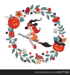 Happy Halloween. Vector illustration. The invitation to the party. A witch in a hat flying on a broom. A wreath of scary pumpkins, autumn herbs, mushrooms, berries and leaves.
