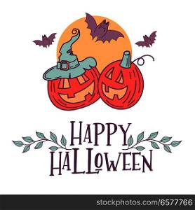 Happy Halloween. Vector illustration. The invitation to the party. Two scary and funny pumpkins and bats.