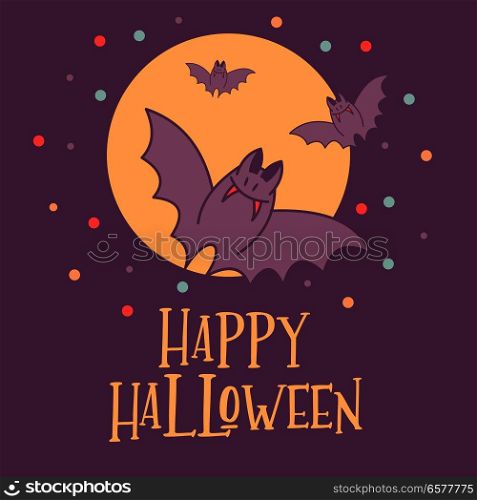 Happy Halloween. Vector illustration. The invitation to the party. Bats fly in the night sky against the yellow moon.
